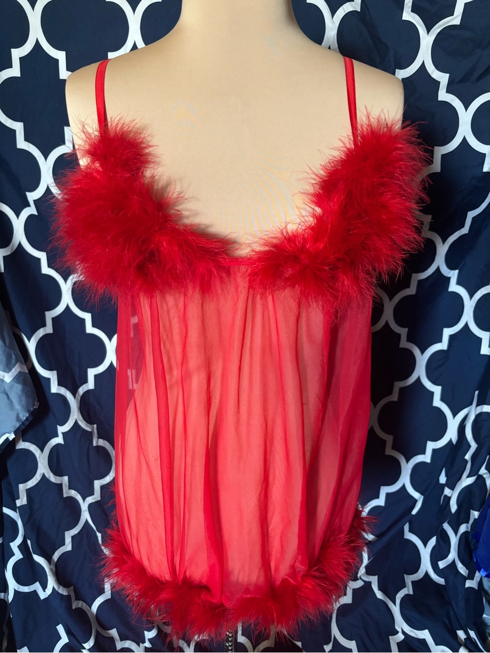 Elegant Moments Red Sheer Feather-Trim Babydoll Chemise